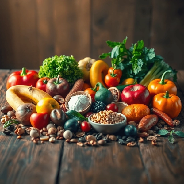 Uma variedade de frutas, vegetais, frutos secos e sementes coloridas dispostas artisticamente sobre uma mesa de madeira, iluminadas por uma luz natural suave.